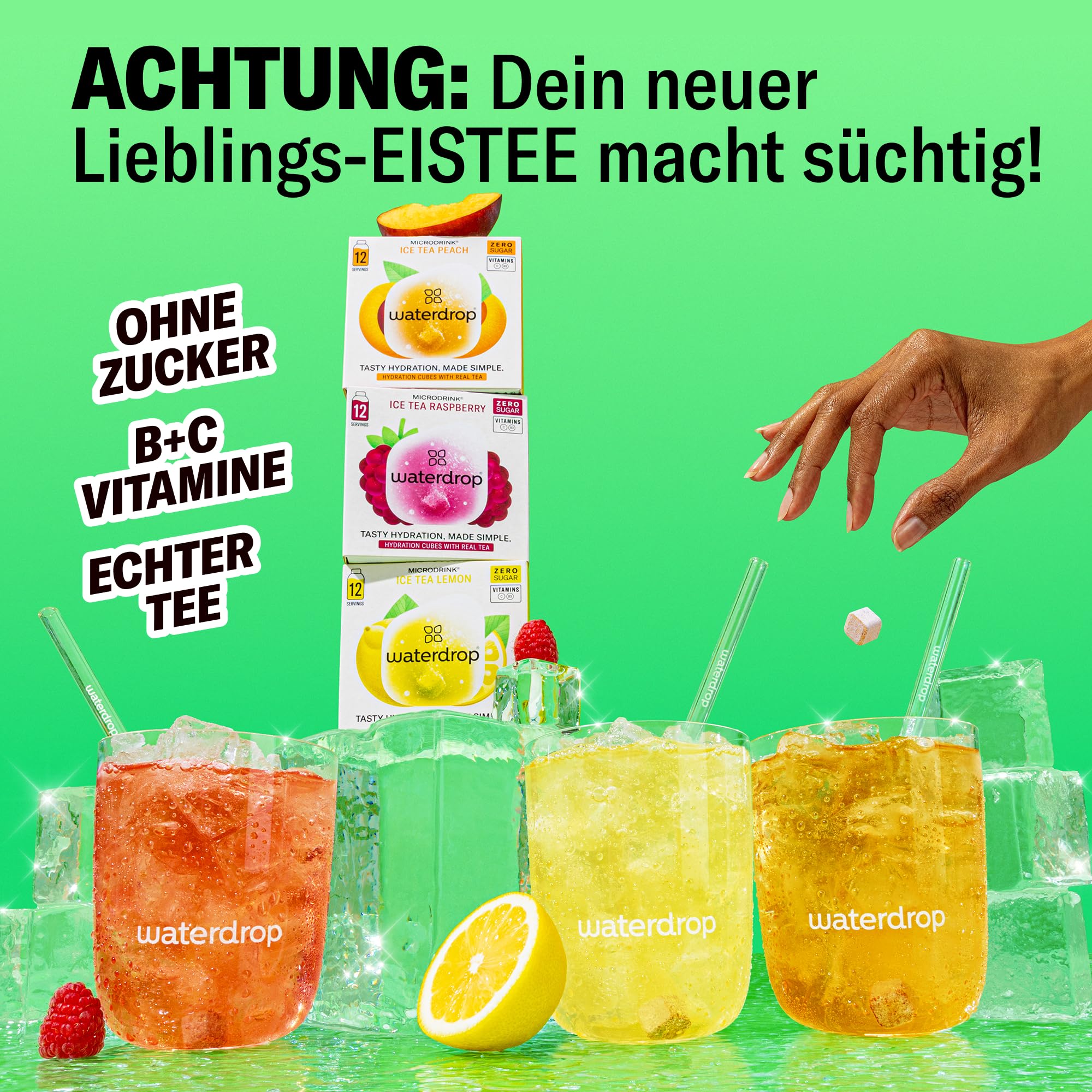 waterdrop® Eistee Mix - 36 Drops Pfirsich, Zitrone & Himbeere - zuckerfreier Durstlöscher & Alternative zu Sirup und Getränkepulver - Ice Tea mit Vitaminen & Schwarzem Tee für Wasser mit Geschmack 2