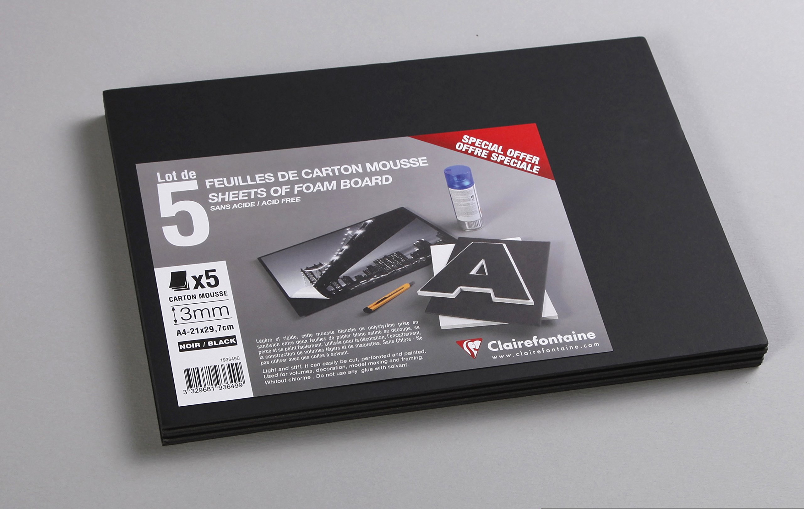 Clairefontaine - Ref 193649C - Foam Board (Pack of 5 Sheets) - A4 (297 x 210mm) in Size, 3mm Thick, Light & Stiff - Suitable for Decoration, Framing & Model-Making