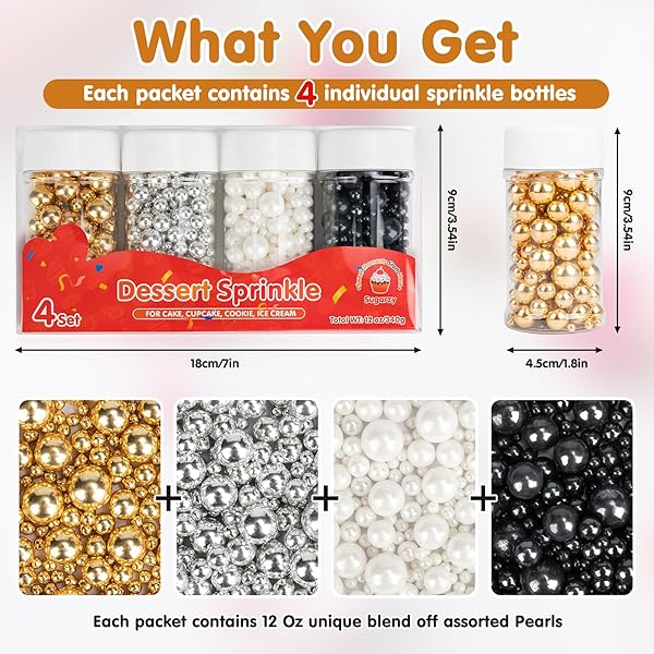 VALENTINE EDIBLE PEARL SPRINKLES FOR CAKE DECORATING,4 PACK,5.3OZ,GOLD SILVER WHITE AND BLACK SUGAR PEARLS SPRINKLE MIX,PERFECT FOR CAKE DECORATIONS,BAKING,ICE CREAM,COOKIES,CUPCAKE TOPPER,BIRTHDAY HOLIDAY PARTY WEDDING VALENTINE’S DAY SUPPLIES