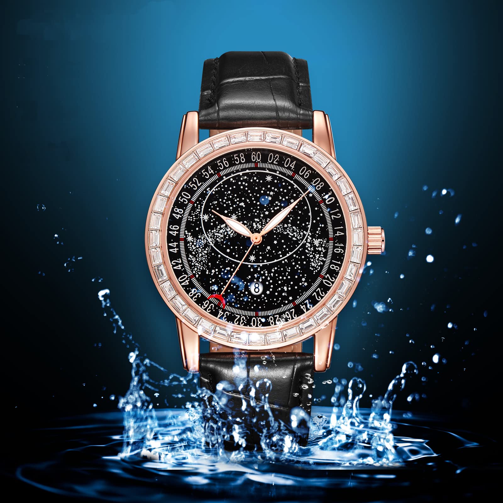 DROCUAMGOYA Men Fashion Watch Starry Dial Rose Gold Baguette Diamond Quartz Wrist Watch for Men Waterproof Leather Strap Analog Watches (Rose Gold)