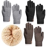 Janmercy 3 Pairs Winter Fleece Lined Gloves for Women Touch Screen Knit Stretchy Warm Lined Gloves for Cold Weather
