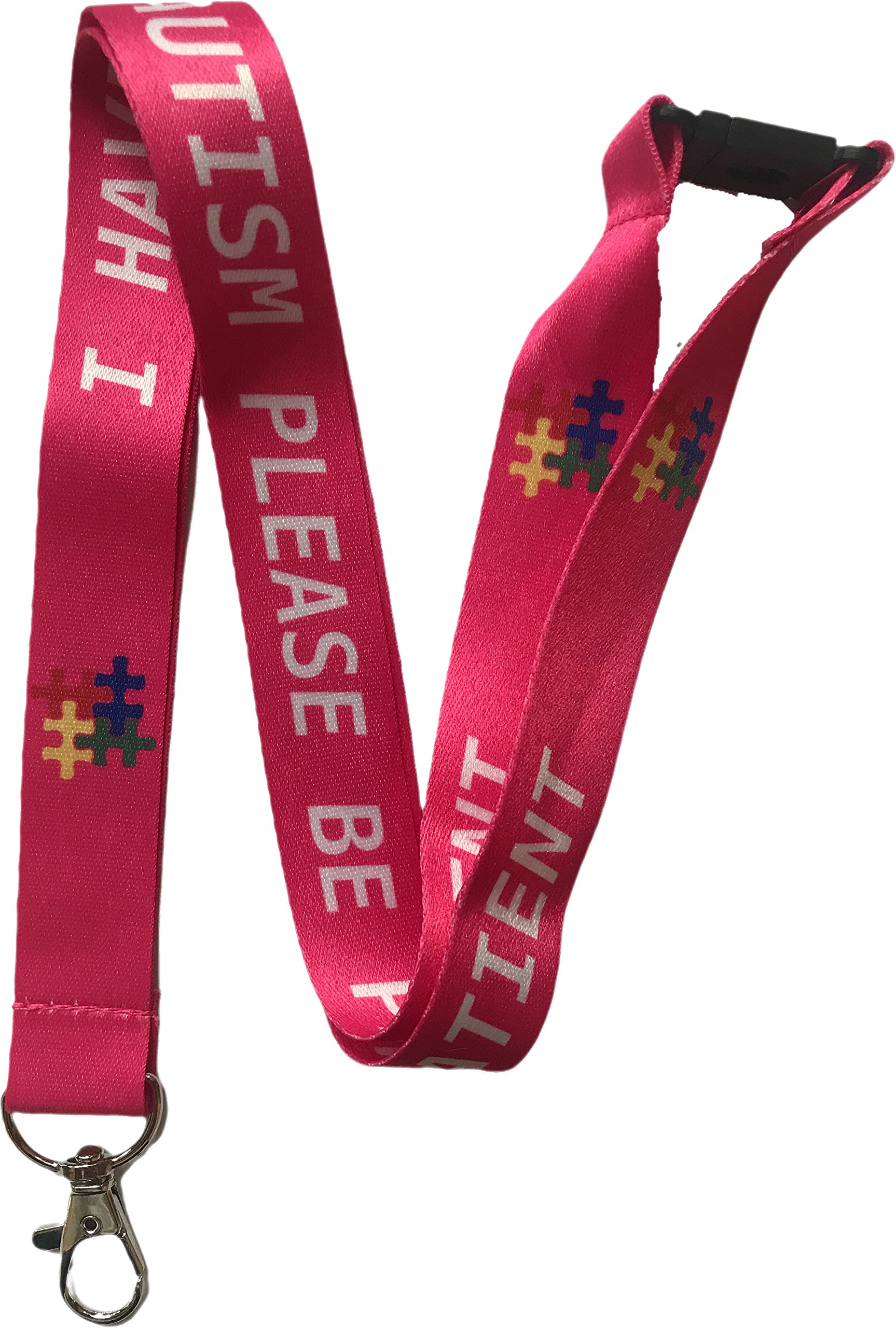 PAC Supplies Global Autism Awareness - Please Be Patient i Have Autism - Neck Lanyard With Safety Break Away - Child & Adult Size (Adult Size) (Pink)