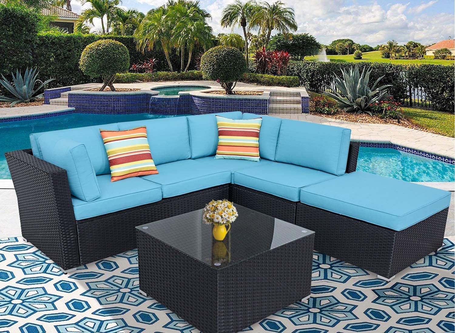 Incbruce Patio Furniture Sofa Set 4 Piece Outdoor Sectional Sofa Of 5 Seats With Ottoman And Black Wincker Tempered Glass Top Table Sky Blue Washable Cushion Garden Porch Pool Lawn Garden