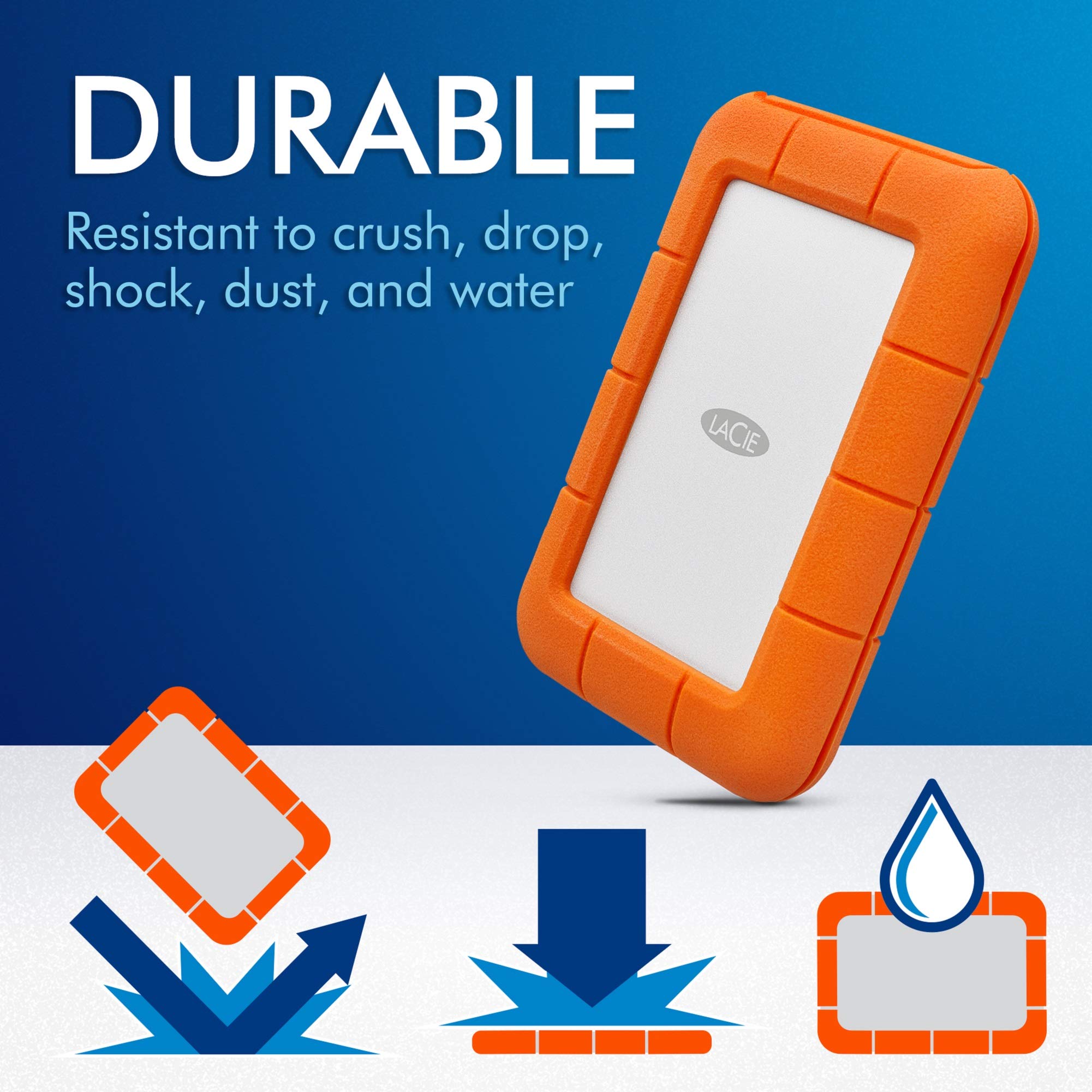 LaCie Rugged Thunderbolt USB-C 2TB External Hard Drive Portable HDD – USB 3.0 compatible, Drop Shock Dust Water Resistant, Mac and PC Computer Desktop Workstation Laptop, 1 Mo Adobe CC (STFS2000800)