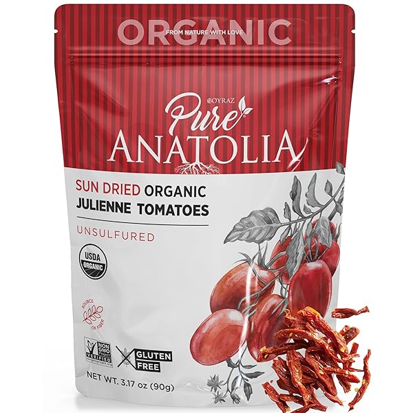 PURE ANATOLIA ORGANIC SUN DRIED TOMATOES JULIENNE CUT – SUNDRIED TOMATO, NO SUGAR ADDED, USDA CERTIFIED, NO PRESERVATIVES, KOSHER & HALAL, 3.17 OZ