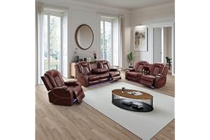 Plithzy Power Recliner Sofa Set with LED, Breathing Leather Living Room Furniture, Reclining Leather Sofa with USB Ports/Cup Holders/Armrest Storage (3 Pieces Couch Set, Garnet)