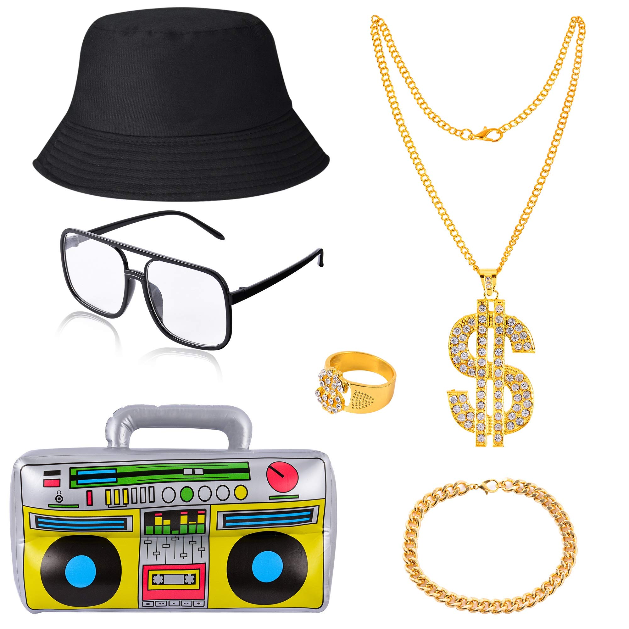 Peirich 80s/ 90s Hip Hop Costume Kit, 6 Pieces 80s/ 90s Rapper Accessories Hat, Sunglasses, Gold Chain, Bucket Hat, Boom Box, Gold Rapper Chain and Ring with Dollar Sign Pendant, Bracelet