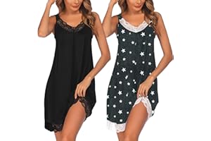 Ekouaer Womens Nightgown 2 Pack Nightgown V Neck Lace Sleepwear Sleeveless Chemise Women's Nightgowns & Sleepshirts
