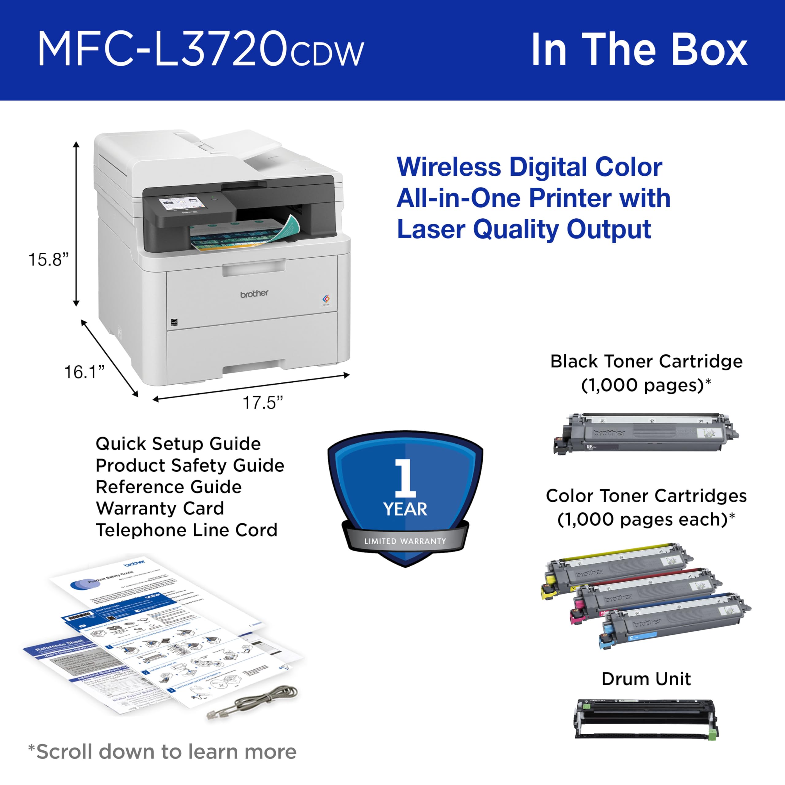 Brother Color Laser Printer All-in-One with Scanner, Copier and Fax - Professional Wireless Business Printer with Auto Duplex and 250-Sheet Capacity for Small Office (MFC-L3720CDW)
