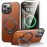 YOOVEI Leather Case for iPhone 15 Pro Max 6.7 inch,360°Rotatable Magnetic Ring Stand,Built in Kickstand,for MagSafe, [Wireless Charging] Shockproof Phone Cases,Brown