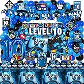 KOTLMIGHT 10th Birthday Decorations for Boys, 149Pcs Blue Video Game level 10 Party Supplies for Boy 10th Birthday - Backdrop, Banner, Balloons, Tablecloth, Centerpieces, Hanging Swirls, Wall Signs