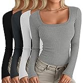 Oakgarden 4 Pack Women's Long Sleeve Shirts Scoop Neck Ribbed Knit Tops Casual Slim Fitted Cotton Tees Fall Basic T Shirts