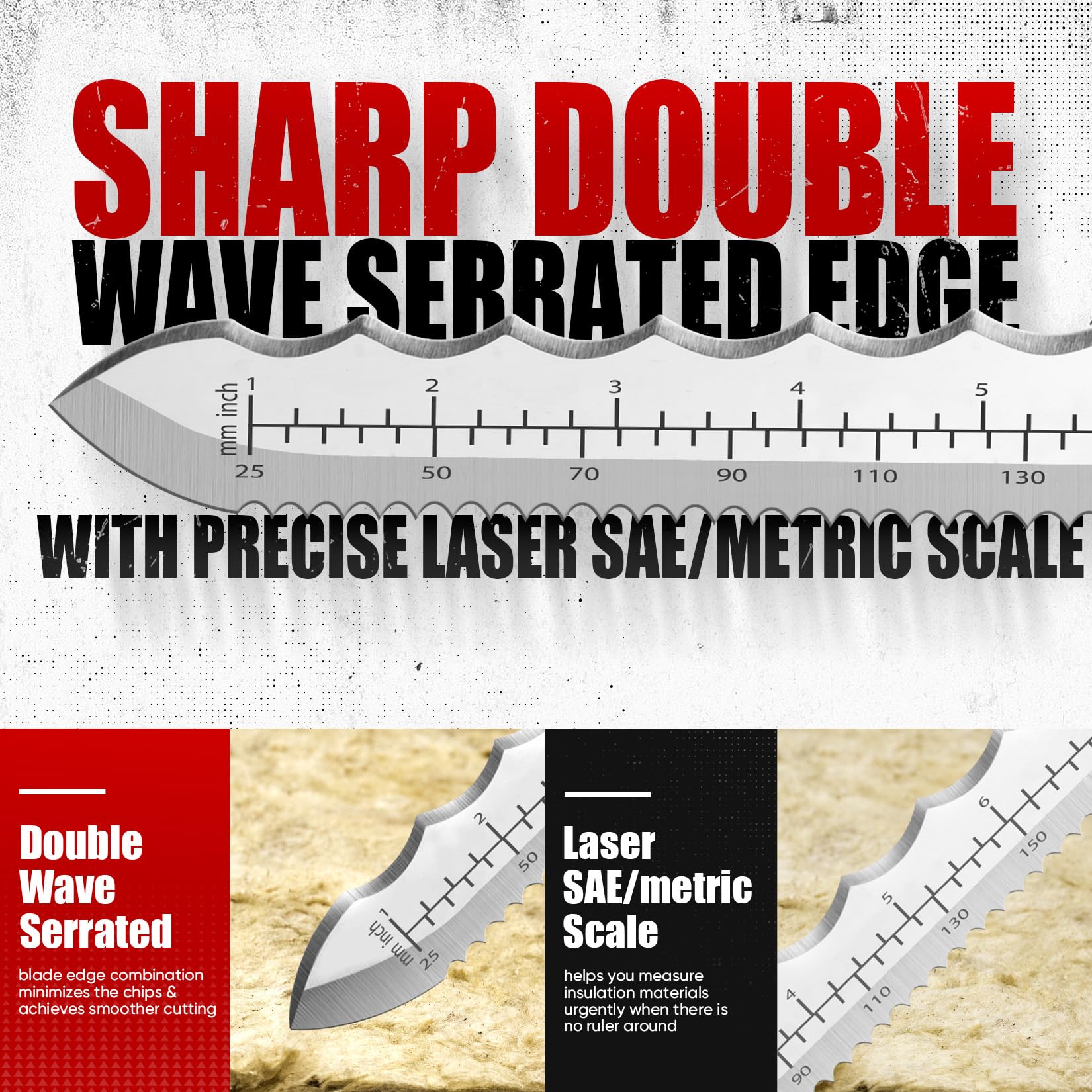 PINOZE 28cm Dämmstoffmesser, Edelstahl Klinge Isoliermesser w/Laserskala, Doppelseitige gezähnte Messer Werkzeug zum Schneiden von Wärmematerial Schaum/Steinwolle/Styrofoam, Garten Sod Cutter 4