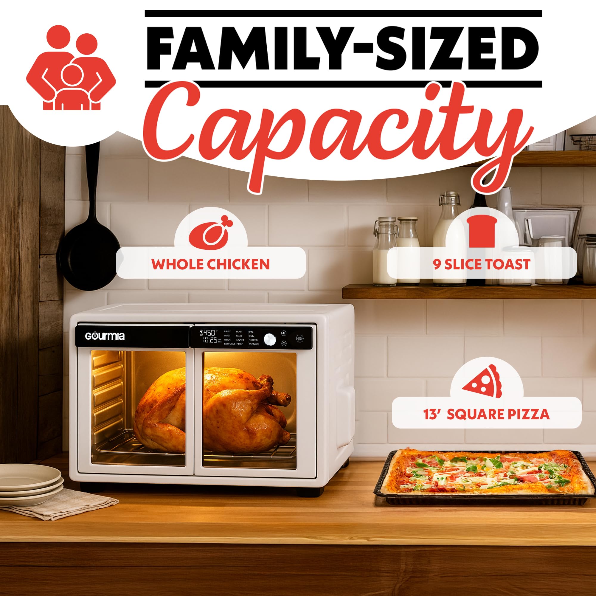 Gourmia Horno freidora de aire digital con puerta francesa - Capacidad XL 37QT, 12 presintonías, tecnología FryForce 360°, deshidratación, prueba, cocción lenta, se adapta a pizza de 13", 1700W, blanco