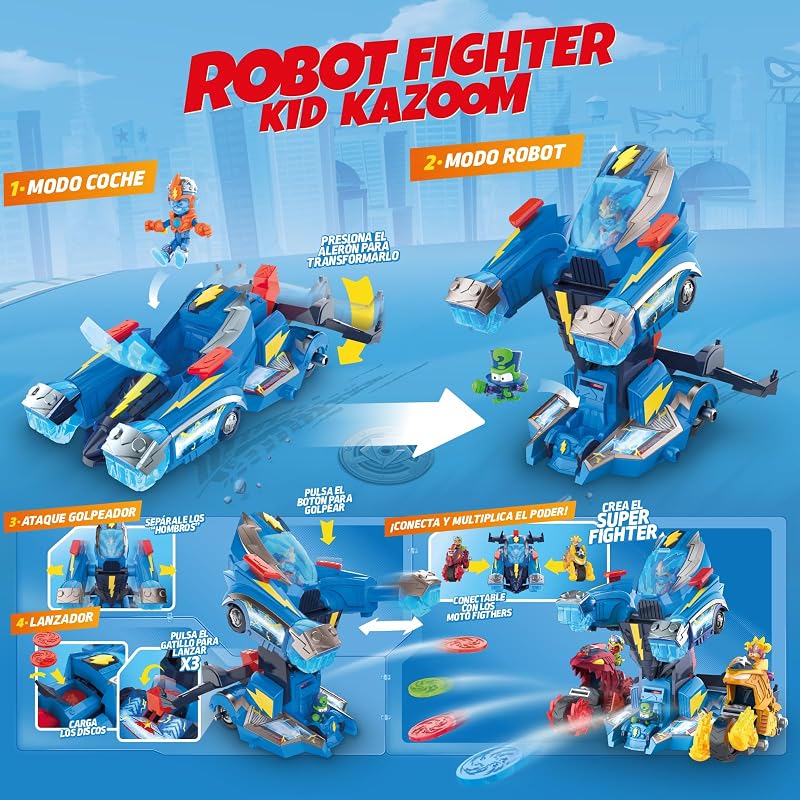 SUPERTHINGS–Robot Fighter.Vehículo Transformable en Robot de Héroes de la Película.Contiene Playset,Figura de Acción de Kid Kazoom,Carta Exclusiva y 3 Proyectiles.con Funciones y Ataques Especiales