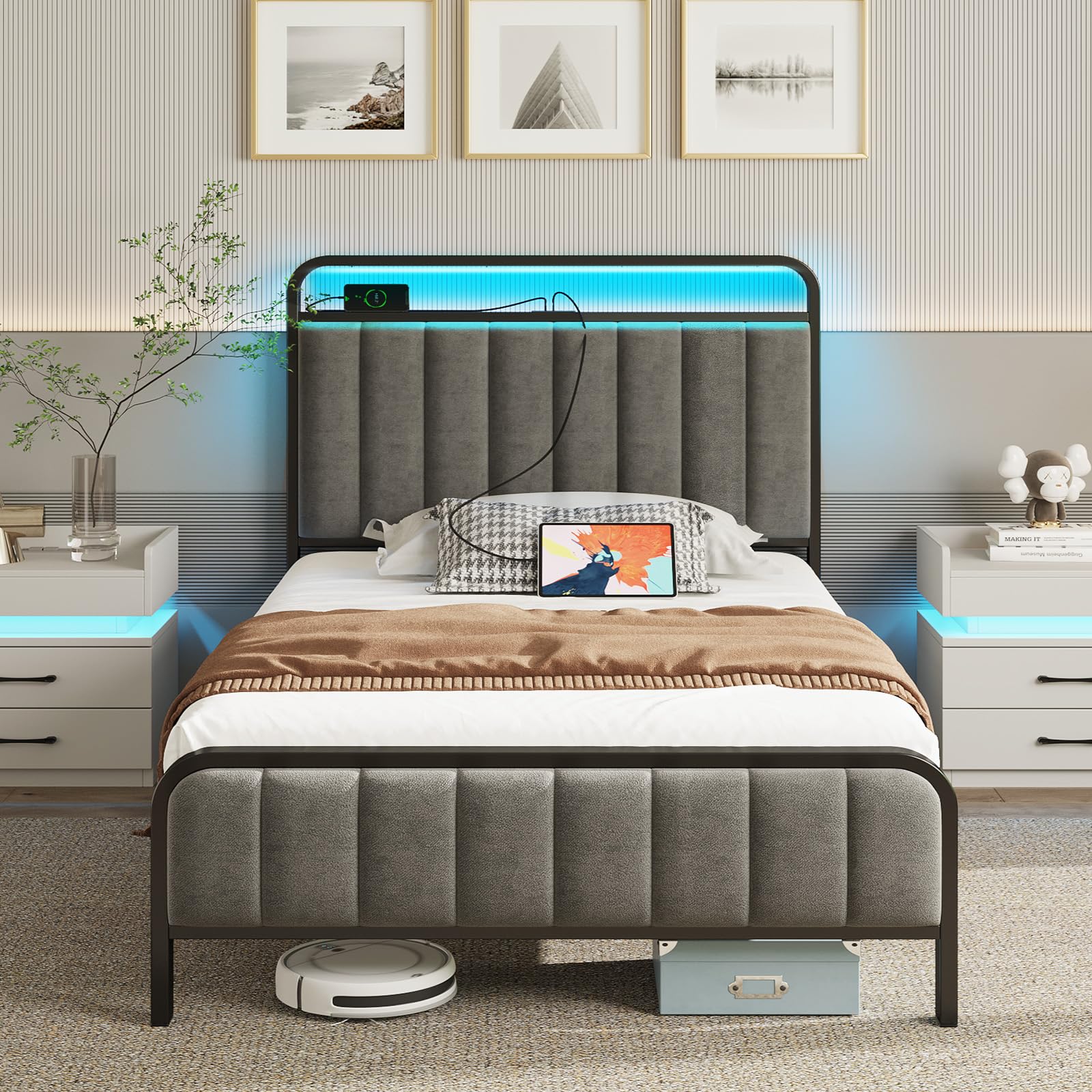 Rolanstar Twin Size Bed Frame with LED Light and Charging Station, Upholstered Headboard and Footboard, Metal Slat, Noise Free, Easy Assembly, Dark Gray Image