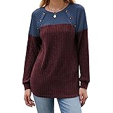 Famulily Womens Ribbed Knit Long Sleeve Crew Neck Sweatshirts Casual Colorblock Button Detail Tunic Tops