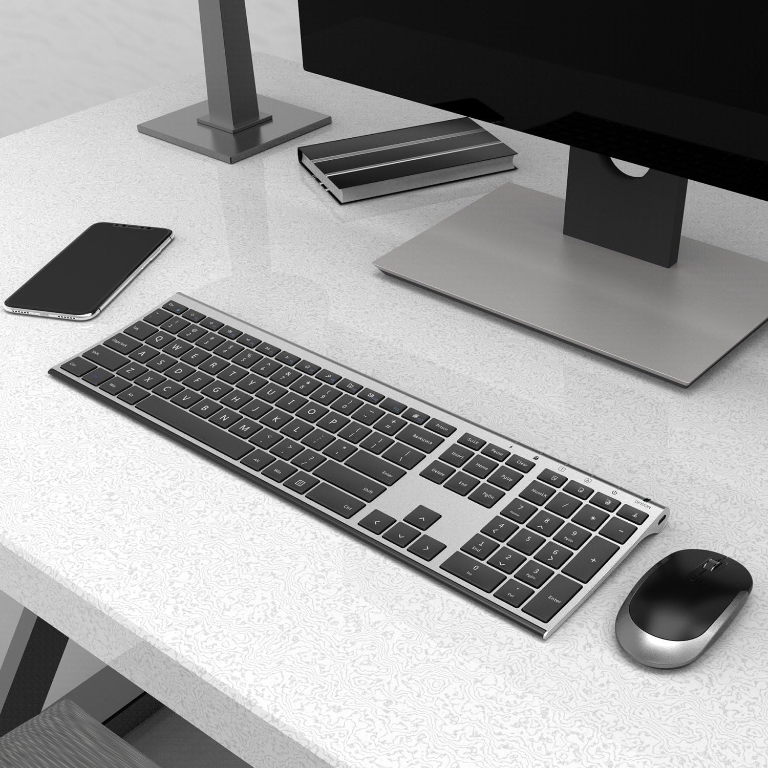 Vive Comb Wireless Keyboard and Mouse, 2.4GHz Rechargeable Compact Whisper-quiet Full-size Keyboard and Mouse Combo With Nano USB Receiver for Windows, Laptop, PC, Notebook-Dark Gray