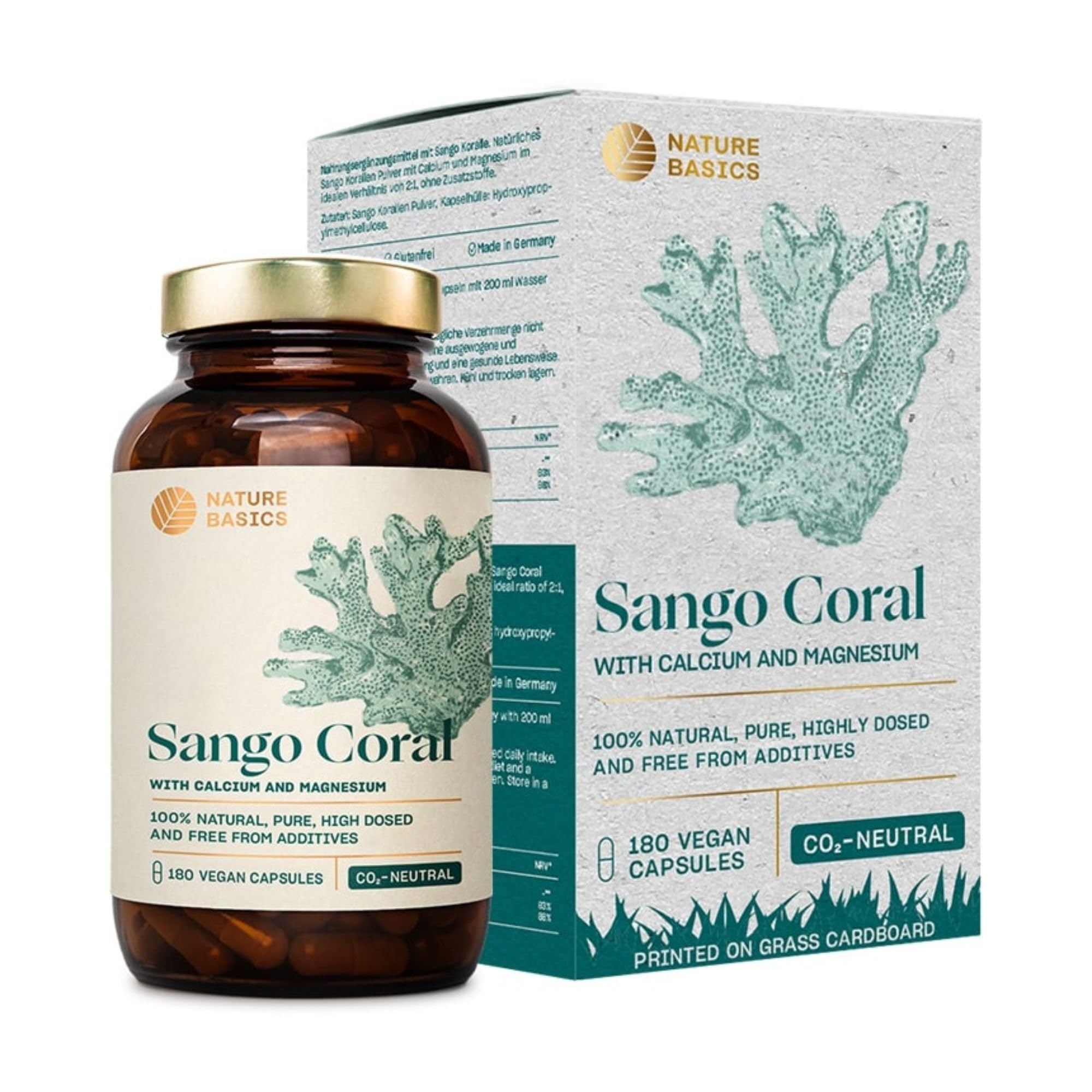 Nature Basics® Sango Coral in a jar | 180 Vegan Capsules - 2 Month Supply | 3.300mg Sango Coral Powder, of which 660mg Calcium & 330mg Magnesium per Daily dose