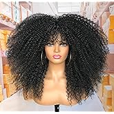MURAMURA HAIR 18Inch Long Curly Wig With Bangs for Black Women Afro Bomb Kinky Curly Wig Fluffy and Soft Synthetic Hair（Black