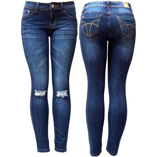 Diamante Juniors Women's Blue Denim Jeans Destroy Skinny Ripped