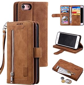 UEEBAI Wallet Case for iPhone 6 Plus iPhone 6S Plus, Retro 9 Card Holder Slots Zipper Pocket Handbag Case PU Leather Magnetic Closure Kickstand with Wrist Strap TPU Shockproof Folio Case - Brown