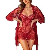 RSLOVE Lingerie Sets for Women Sexy - 3 Piece Babydoll Lace Kimono Robe Chemise Nightwear Exotic Sleepwear Mesh Nightgown