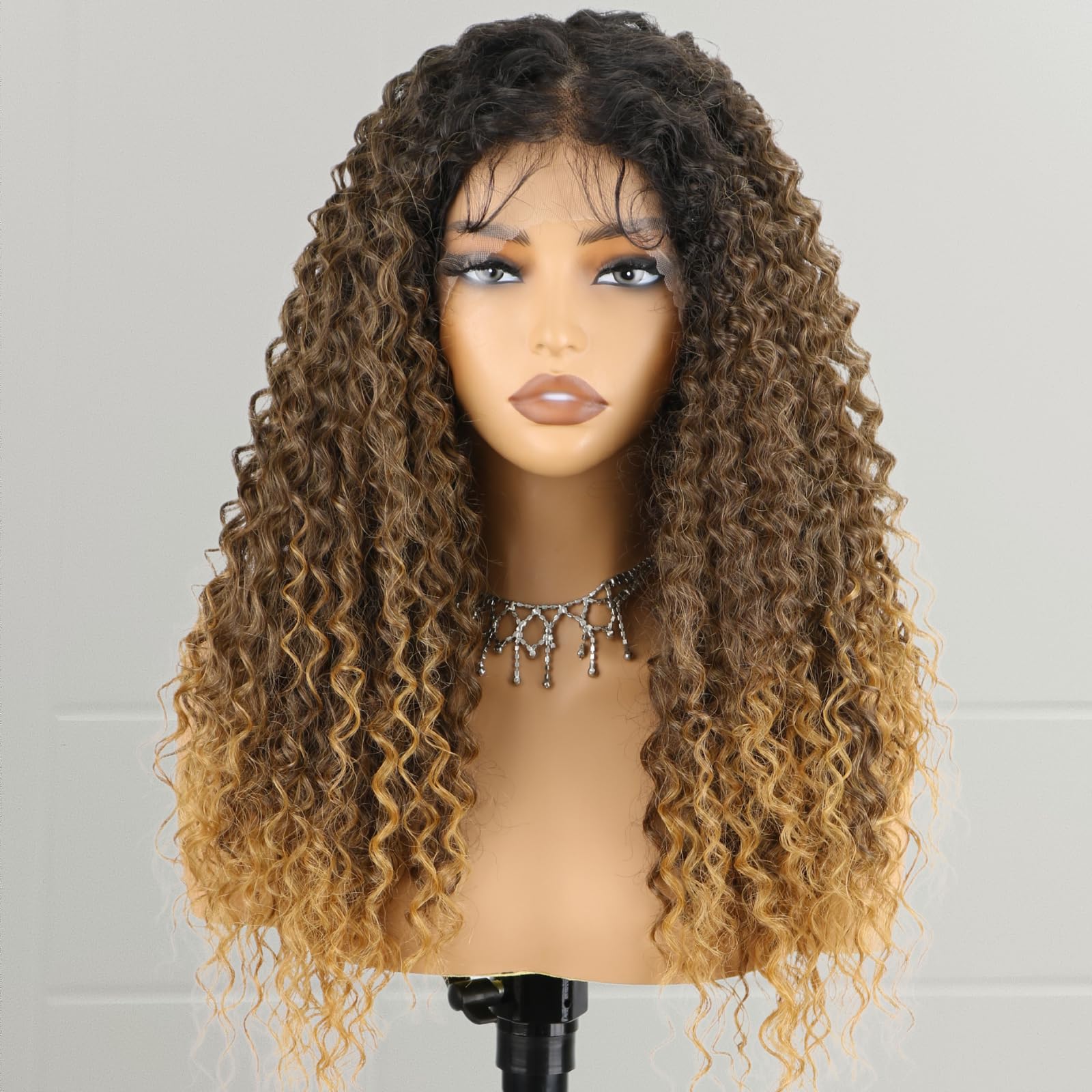 Photo 1 of forfeels Ombre Blonde Lace Front Wig 13x4 Synthetic Lace Front wig 24inch Long Curly Deep Wave Wigs for Women Daily Party Use