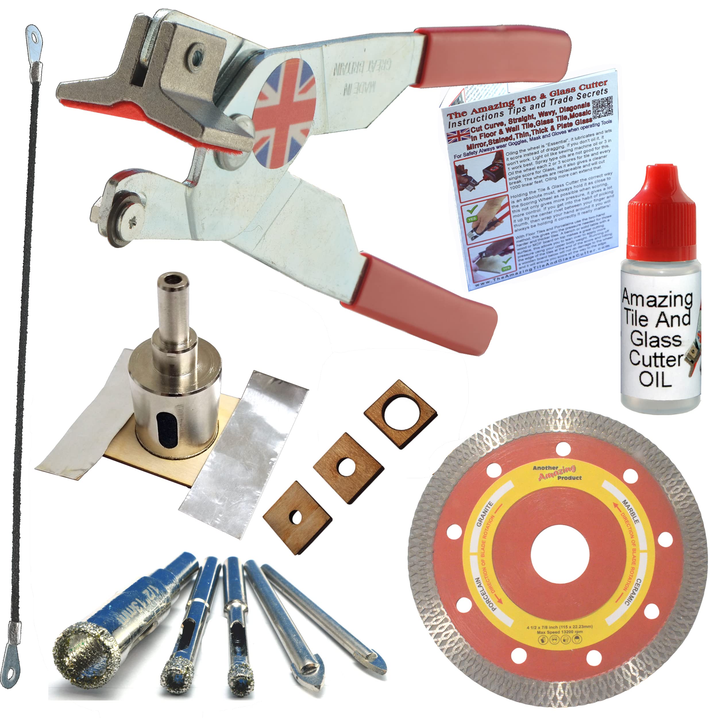 Tile Cutter for Ceramic Tiles Kit 3 Porcelain Tile Drill Bits Tile Drills Diamond Hole Saw Tile with Guides Round Hacksaw Blade for Notching Tile Saw Grinder Blade for Cutting Out Electrical Sockets