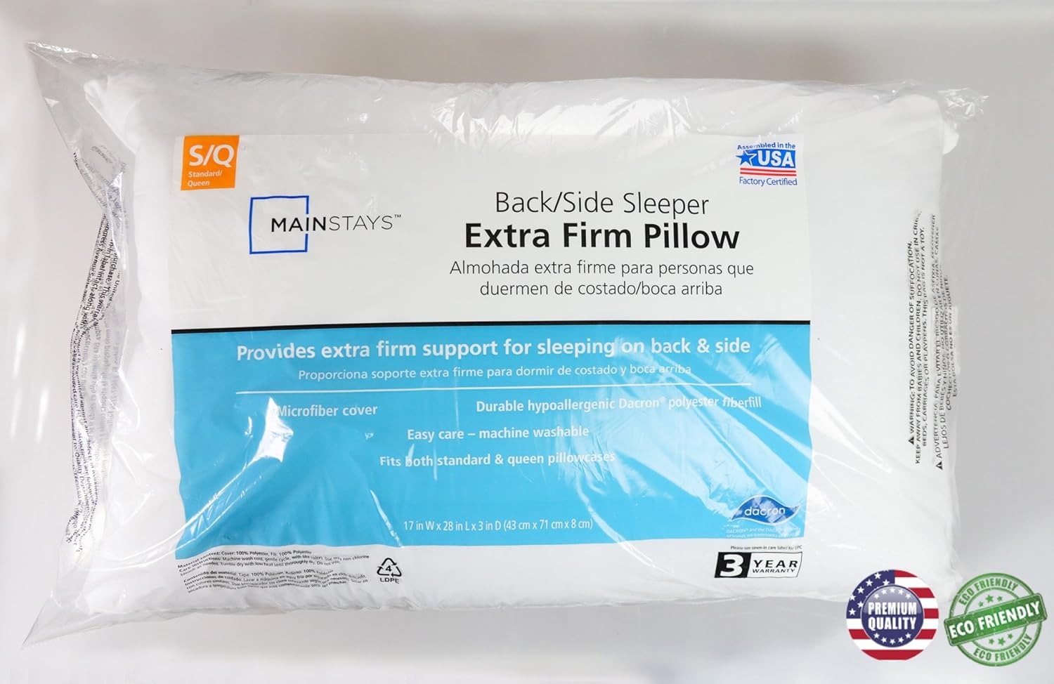 Amazon Com Mainstays Back Side Sleeper Extra Firm Pillow Home