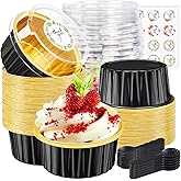 ZOXILEN 30Pcs Mini Cake Pans with Lids Aluminum Foil, 5oz Disposable Mini Loaf pans with Lids Spoons, Round Small Baking Cups Pie Tins Cheesecake Containers for Party Black Gold