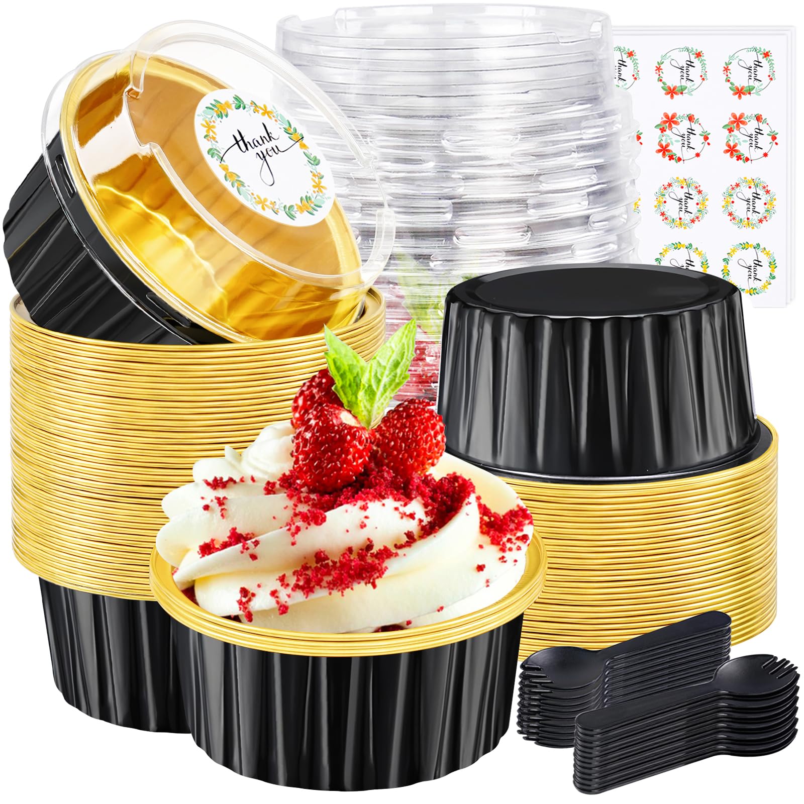 Photo 1 of ZOXILEN 30Pcs Mini Cake Pans with Lids Aluminum Foil, 5oz Disposable Mini Loaf pans with Lids Spoons, Round Small Baking Cups Pie Tins Cheesecake Containers for Party Black Gold