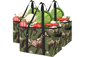 Mintoprints Reusable Grocery Bag Foldable Shopping Bags Large Storage Bins Basket with Long Handles & Hard Bottom