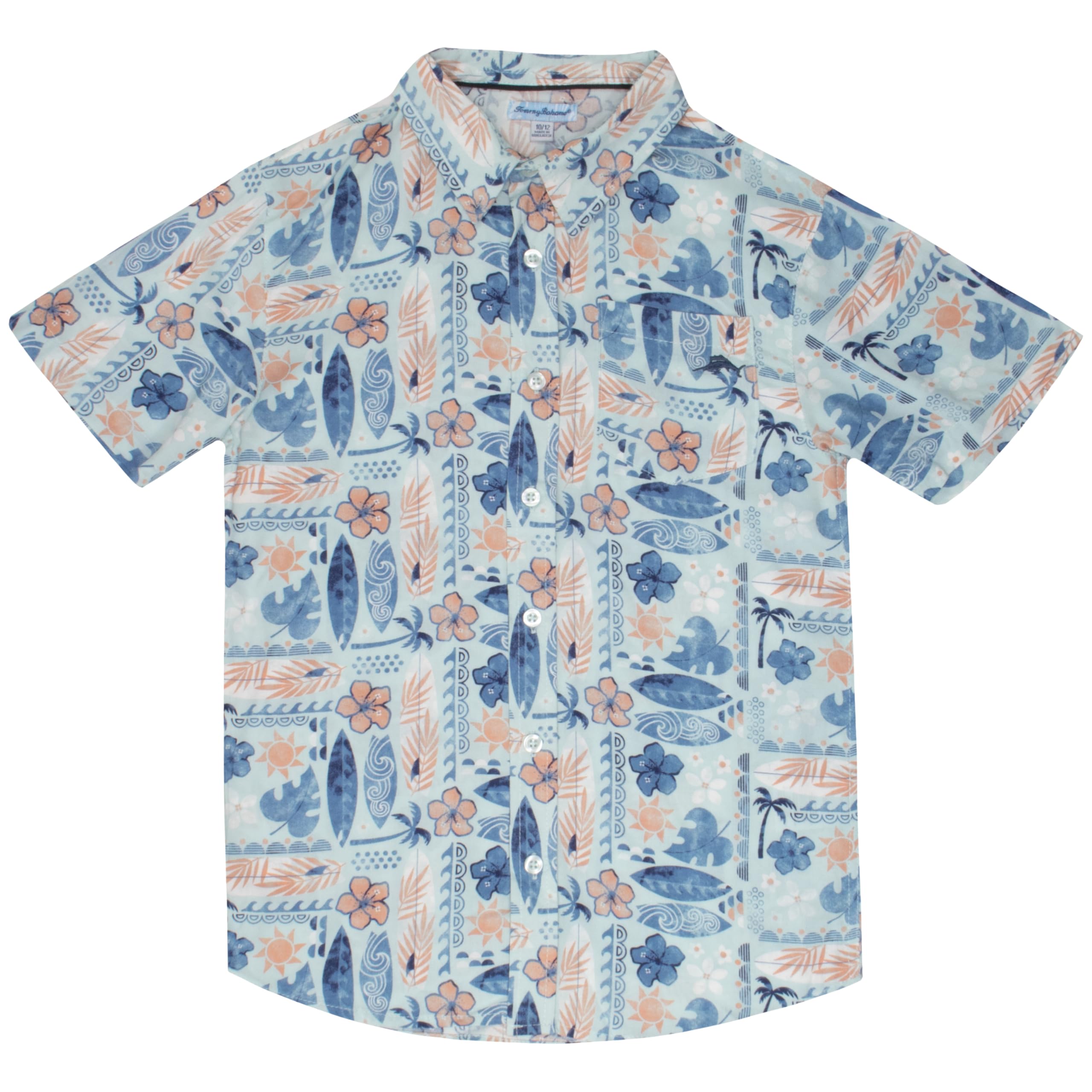 Photo 1 of Tommy Bahama Boys Classic Woven Button-Down Short-Sleeve Hawaiian Shirt with Pocket for Kids (Blue Surf, Size 7)