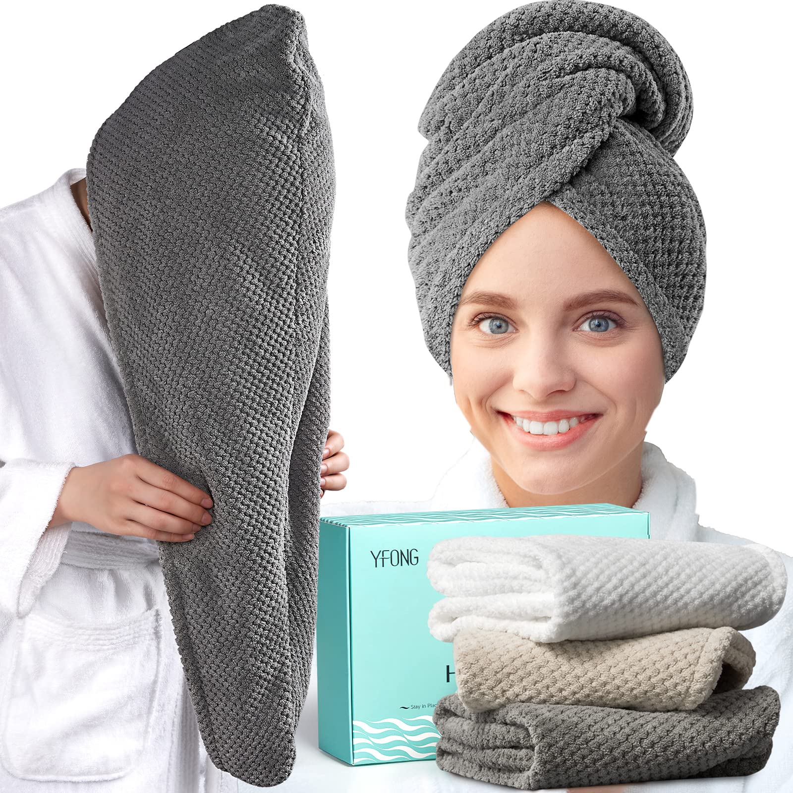 Photo 1 of YFONG 3 Pack Large Microfiber Hair Towel Wrap, 30" x 10" Anti Frizz Quick Dry Hair Towels (Grey, White, Camel)