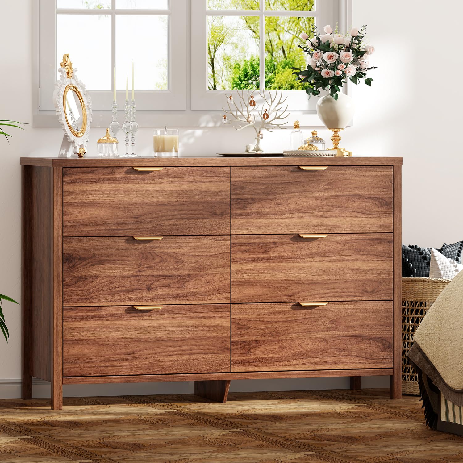 Photo 1 of **SEE NOTES** Ieejdn Dresser for Bedroom with 6 Drawers, 47.2" Modern Chest of Drawers, Dresser TV Stand, Wood Drawer Organizer for Living Room, Hallway, Walnut