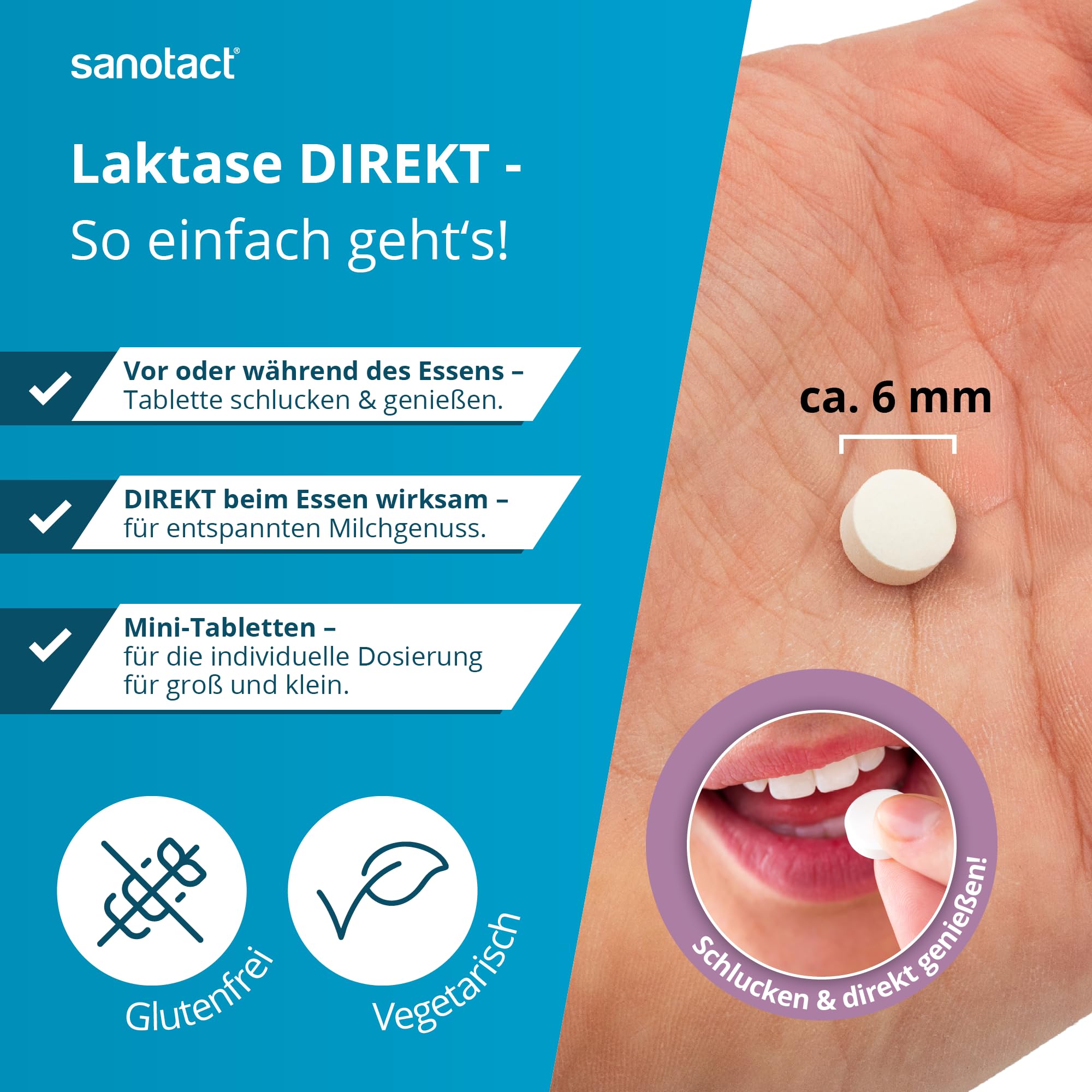 sanotact Laktase Direkt 4.500 Mini-Tabletten – 100 Stück | Für Laktoseintoleranz | Sofortige Wirkung | Ohne Wasser einnehmbar | Praktischer Klickspender 5