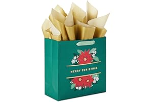 Hallmark Signature 10" Square Christmas Gift Bag with Tissue Paper (Emerald Green with Poinsettias, Gold Merry Christmas) for Wife, Girlfriend, Mother, Daughter, Grandma, Teacher, Boss, Coworker