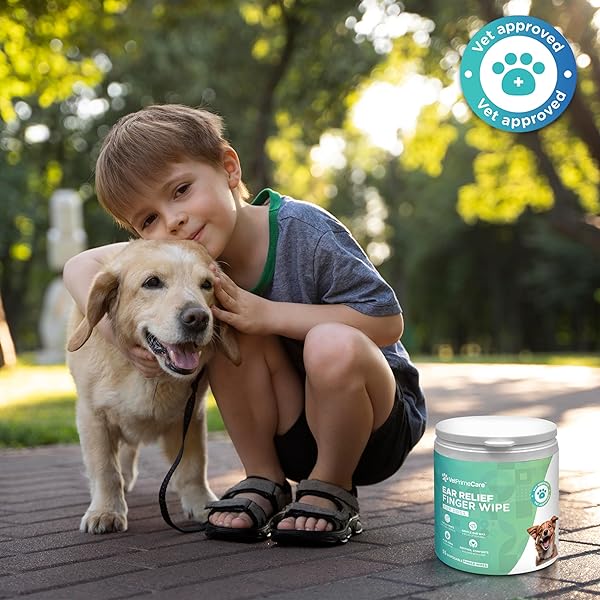 VET PRIME CARE PET FINGER WIPES FOR DOGS EAR RELIEF, ALOE VERA & EUCALYPTUS INFUSION, PET GROOMING WIPES, REMOVE DEBRIS & EAR WAX, SOOTHE & DEODORIZE, 55-COUNT PACK.