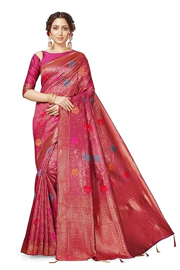 Divaastha Pink Lichi Silk Floral Print Saree with Blouse Piece (APP002PINK)