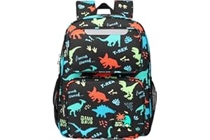 BrainyBees Kids Backpack for Boys - 15 Inch Dinosaur Backpack for Kids Ages 3 to 8, School Bookbag for Preschool Kindergarten Elementary 1st 2nd Grade, Insulated Pocket, Reflective Stripe, Black