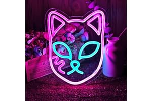 NAIYISI Demon Fox Face Neon Sign, Japanese Anime Slayer Neon Light for Wall Decor, Bedroom, Game Room, Birthday Party, Dimmable, USB Powered, Pink, Ice Blue(11.8"x9.2")