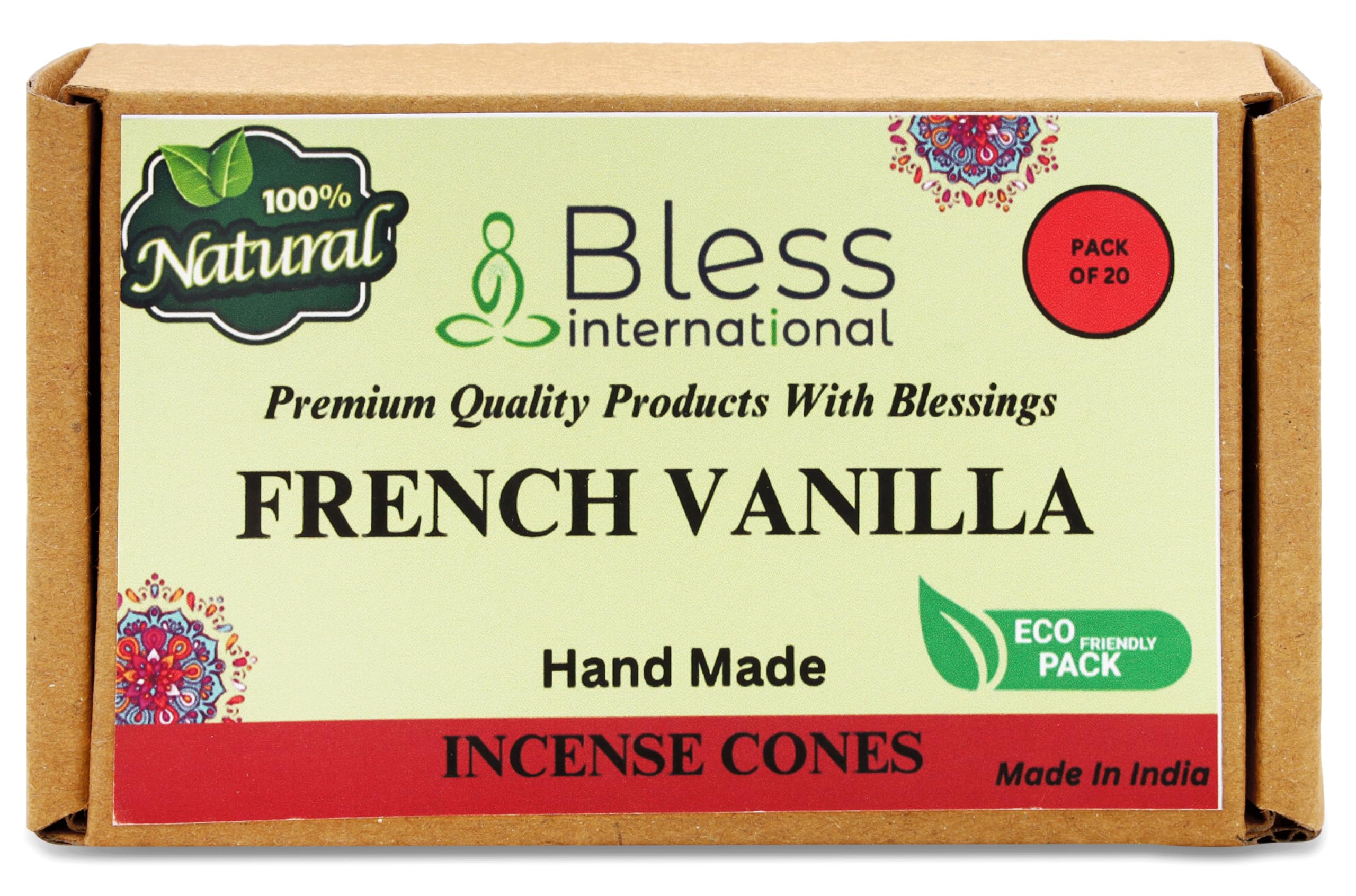 Bless International French-Vanilla 100%-Natural-Incense-Cones Handmade-Hand-Dipped Organic-Chemicals-Free for-Purification-Relaxation-Positivity-Yoga-Meditation The-Best-scents (20 Count)