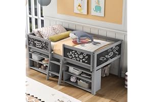 Harper & Bright Designs Kids Low Loft Bed with 2 Movable Storage Shelves, Twin Loft Bed Frame with Chalkboard and Ladder, Multifunctional Loft Bed for Kids Boys&Girls No Box Spring Needed (Gray)