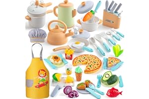 Sundaymot Play Kitchen Accessories Toddler Pretend Cooking Play Pots, with Apron, Toys Pots and Pans, Dishes Cookware Toys, Pre School Learning Educational Toys, Birthday Gifts for Boys and Girls