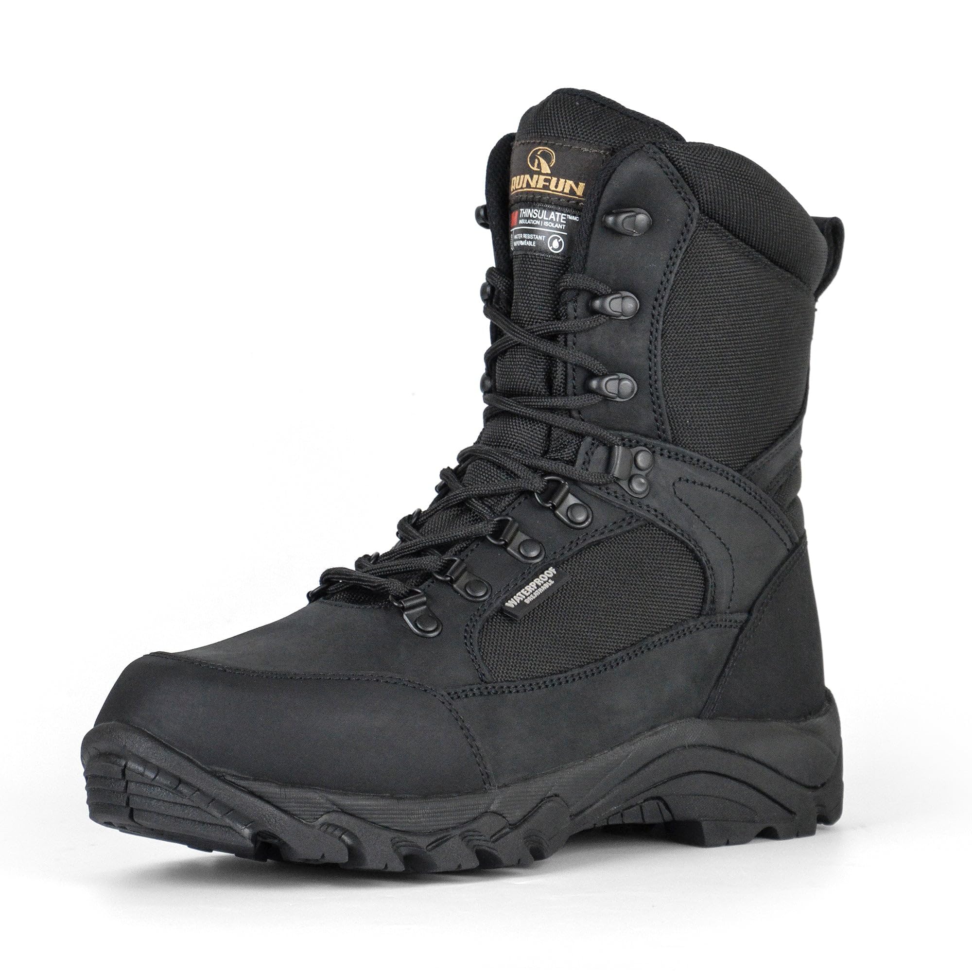 Photo 1 of R RUNFUN Men's Waterproof Military Tactical Work Boots with Steel Shank, 8" Insulated Leather Hunting Boot(Black, Size9.5)