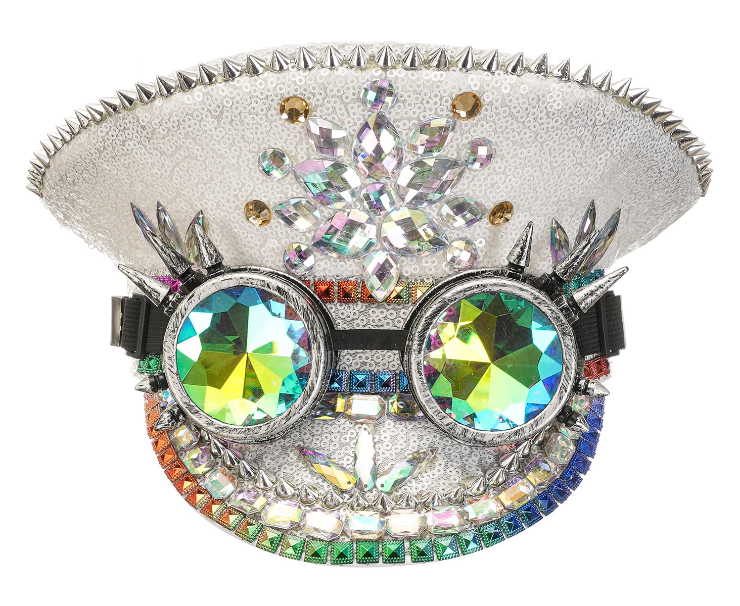 Bslingerie Halloween Steampunk Cosplay Sequin Hat Rave Party Festival Captain Headwear with Goggles (White)