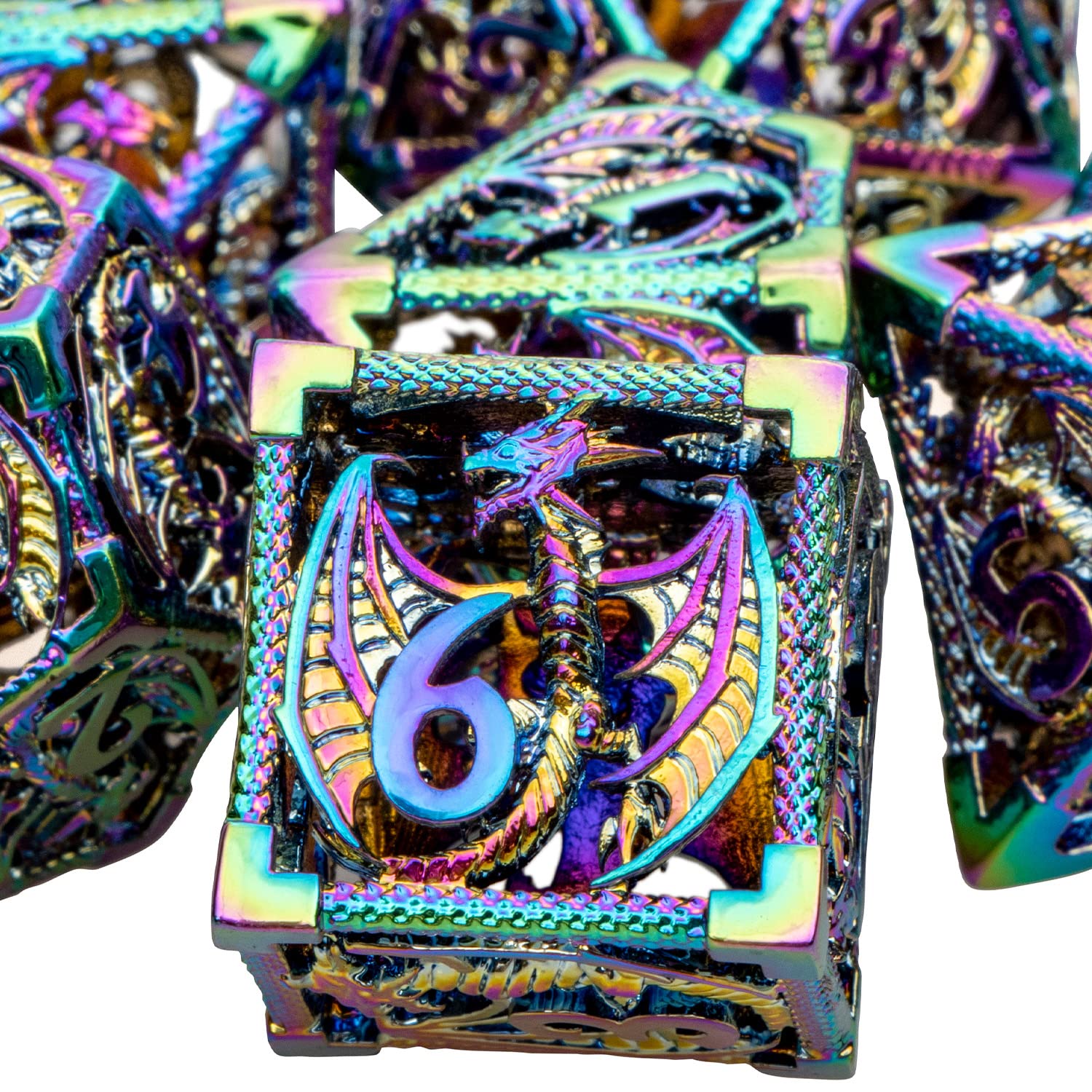 ARUOHHA Hollow DND Dice Set 7PCS Rainbow Dragons Metal Dice with Gift Box, D and D Dice RPG Role Playing Games Dungeons Polyhedral Dice Set D20 D12 D10 D8 D6 D4