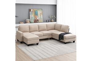 P PURLOVE Modern U Shaped Sectional Sofa,Convertible L Shape Sectional Couch with Chaise Lounge and Movable Ottoman,Linen Fabric 7 Seats Living Room Sofa Sets for Living Room,Bedroom