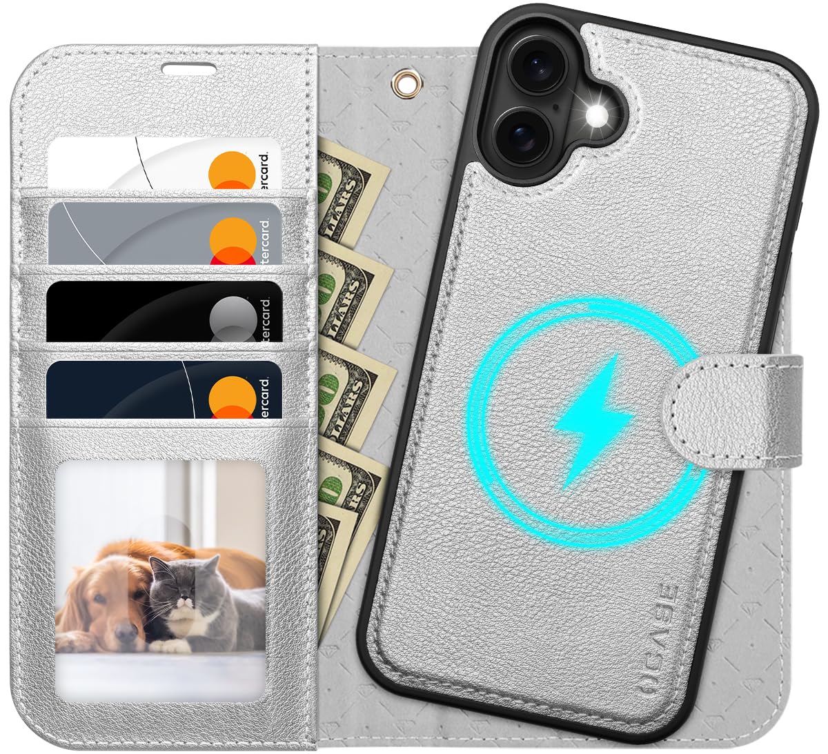 OCASE for iPhone 16 Plus Case, Detachable 2 in 1 PU Leather Wallet Case with RFID Blocking, Wireless Charging, Card Holders, Kickstand, Shockproof Removable Phone Cover, Silver